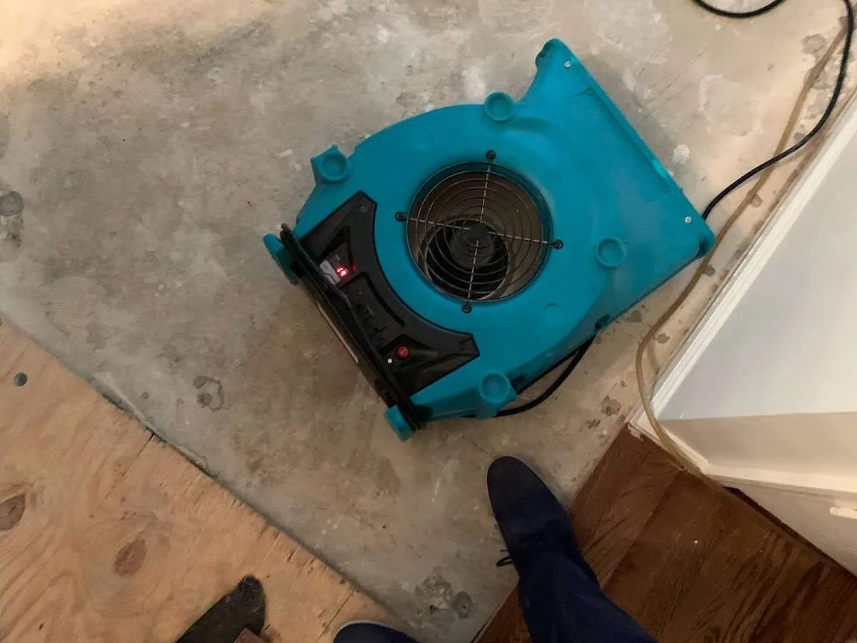 Air mover drying subfloor during Commercial Water Damage Restoration in Ridgewood village